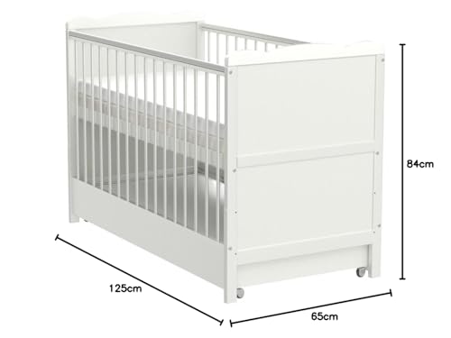Marsell Baby Gitterbett mit Schublade mit Deckel Babybett Kinderbett mit Aloe Vera Schaumstoffmatratze Zahnschienen höhenverstellbar Weiß umbaubar zum Juniorbett