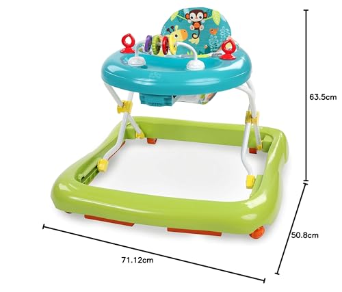 Bright Starts, Giggling Safari, Lauflernhilfe mit Spielzeuge, Perlenschiebespielzeug, 3 Höheneinstellungen, Lauflernwagen mit hoher Rückenlehne, zusammenklappbare, grün / blau, Kinder ab 6 Monaten