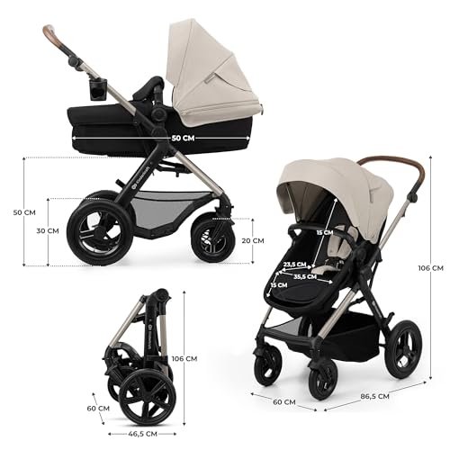 Kinderkraft MOOV2 AIR Kinderwagen 3 in 1 Kinderwagenset bis 26 kg mit Kindersitz I-SIZE 40-75 cm, Buggy Funktion, Liegeposition verstellbar, Große ausziehbare Verdeck, Aufblasbare Räder, Grau