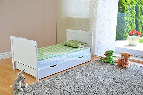 Marsell Baby Gitterbett mit Schublade mit Deckel Babybett Kinderbett mit Aloe Vera Schaumstoffmatratze Zahnschienen höhenverstellbar Weiß umbaubar zum Juniorbett