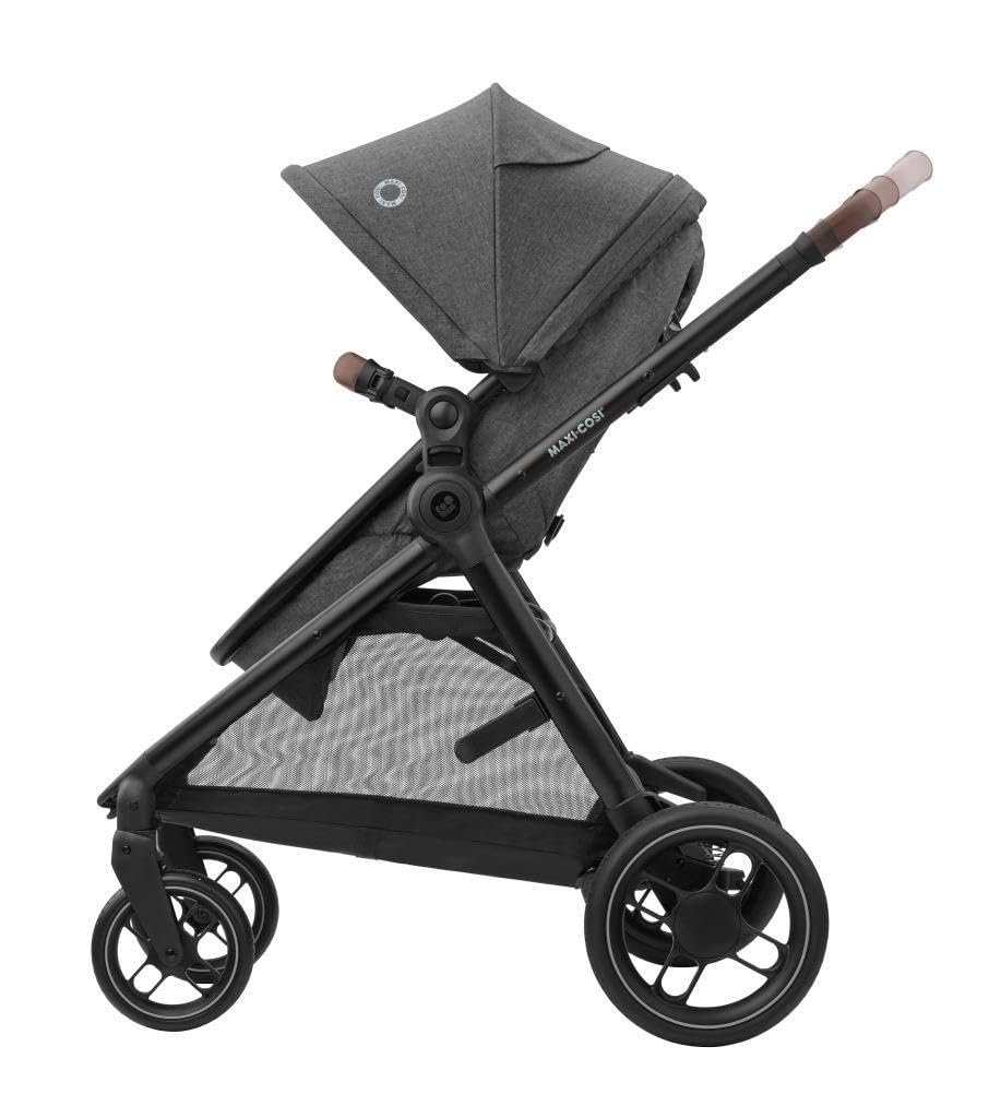 Maxi-Cosi Zelia S Trio Kinderwagen 3in1 Komplettset, 0-4 Jahre, bis 22kg, Zusammenklappbar, Kompakt, Verstellbarer Baby Kinderwagen, mit CabrioFix S i-Size Babyschale, Zubehör, Wickeltasche, Dark Grey