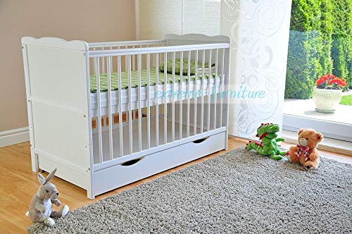 Marsell Baby Gitterbett mit Schublade mit Deckel Babybett Kinderbett mit Aloe Vera Schaumstoffmatratze Zahnschienen höhenverstellbar Weiß umbaubar zum Juniorbett