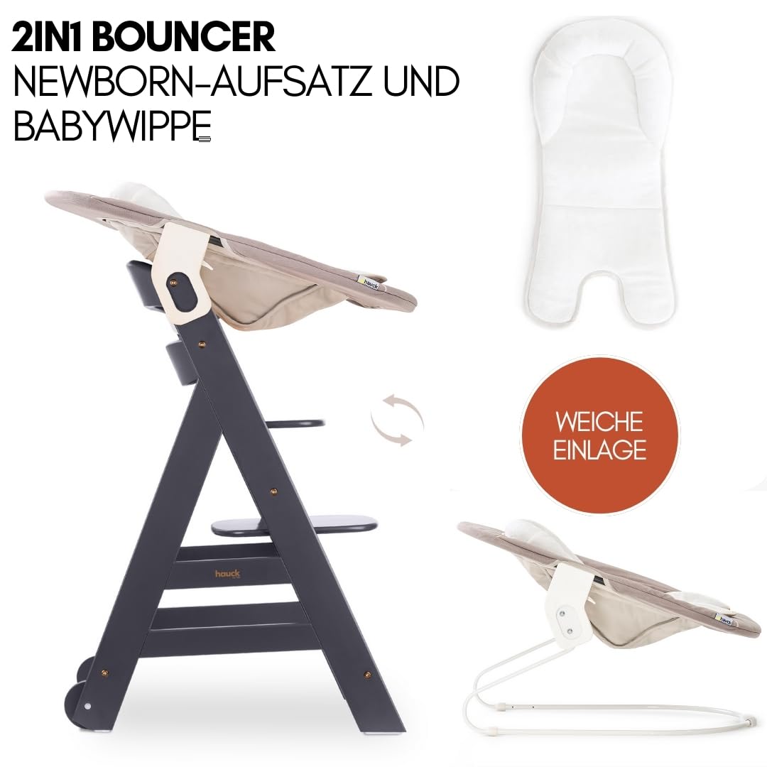 hauck Hochstuhl Beta+ Newborn Set - Babyhochstuhl Set ab Geburt mit 2in1 Neugeborenen Aufsatz Bouncer, Sitzpolster und Essbrett - Dark Grey