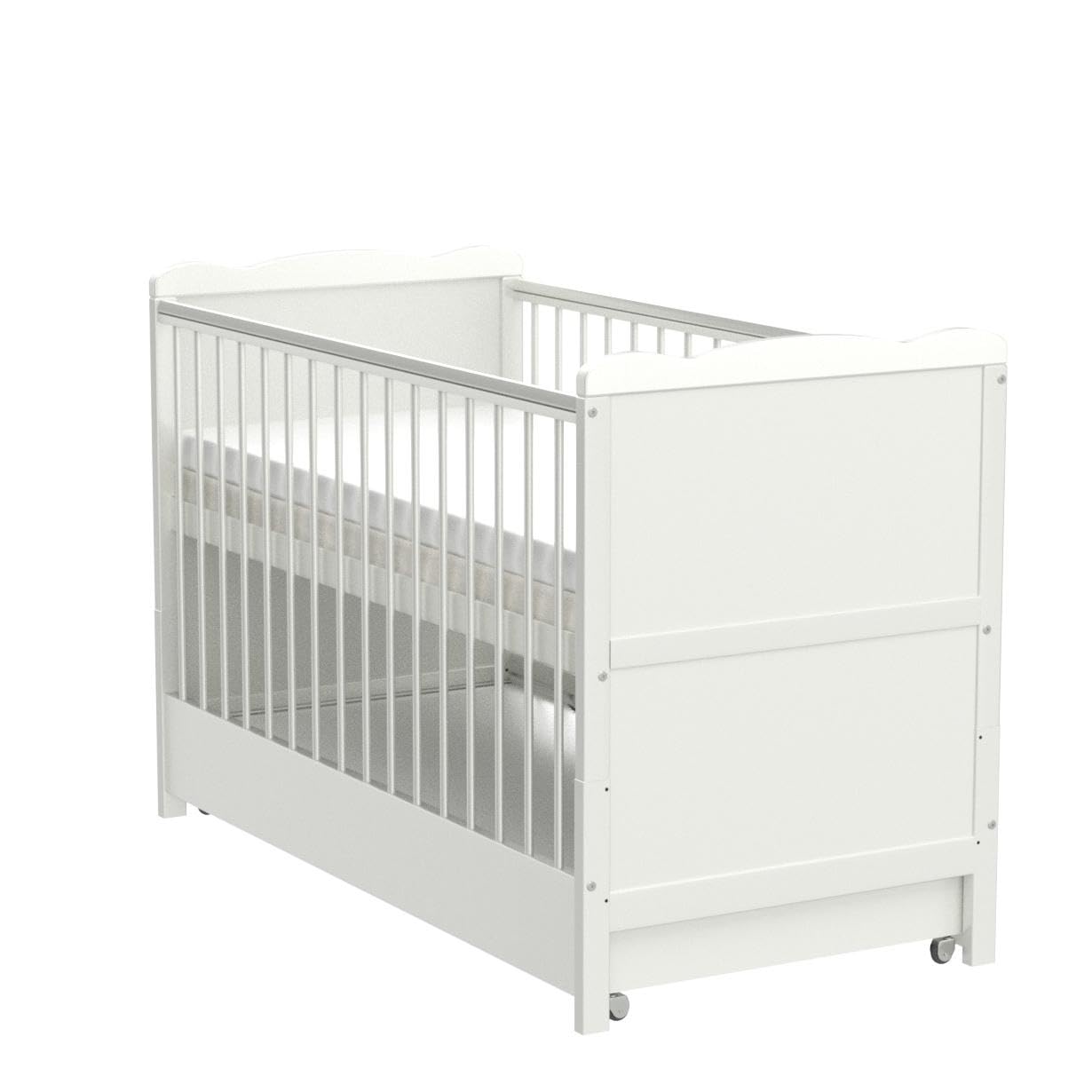 Marsell Baby Gitterbett mit Schublade mit Deckel Babybett Kinderbett mit Aloe Vera Schaumstoffmatratze Zahnschienen höhenverstellbar Weiß umbaubar zum Juniorbett