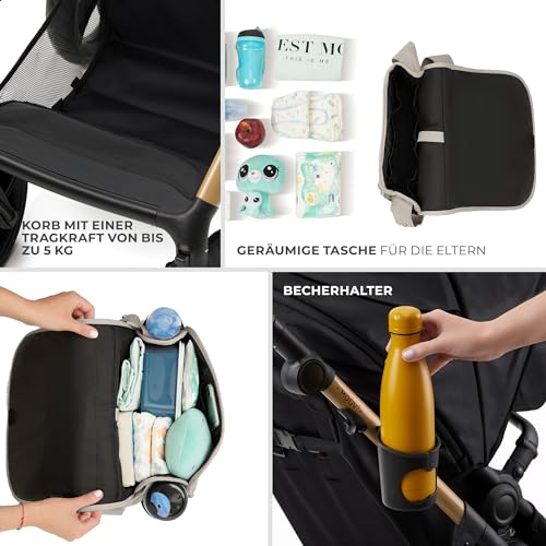 Kinderkraft MOOV2 AIR Kinderwagen 3 in 1 Kinderwagenset bis 26 kg mit Kindersitz I-SIZE 40-75 cm, Buggy Funktion, Liegeposition verstellbar, Große ausziehbare Verdeck, Aufblasbare Räder, Grau