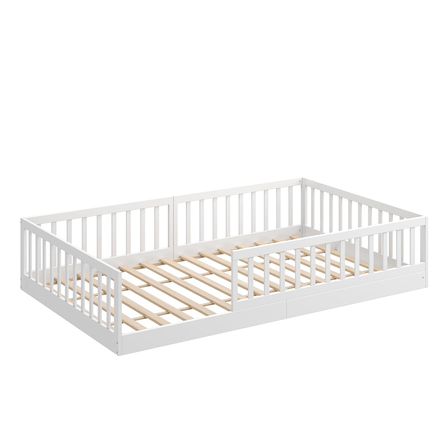 CADANI Timi 2in1 Bodenbett 120x200 cm Montessori Kinderbett mit abnehmbaren Rausfallschutz inkl. Lattenrost, Kiefer Massivholz, weiß - 3 Aufbauvarianten, bis 200 kg belastbar, umbaubar