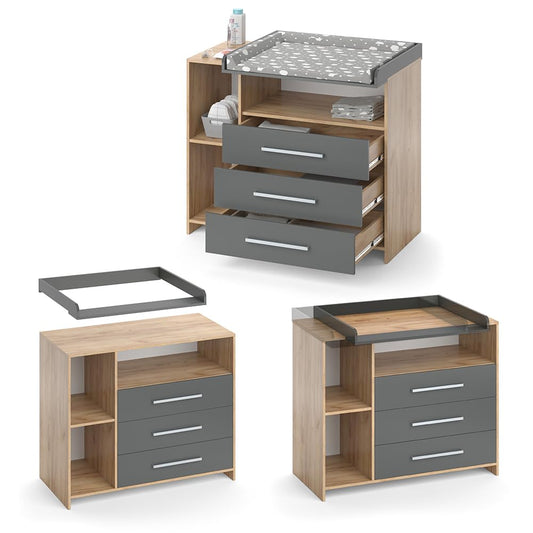 Vicco Wickelkommode Oskar, Wickelaufsatz für die Kommode, Goldkraft Eiche/Anthrazit, 113 x 100 cm