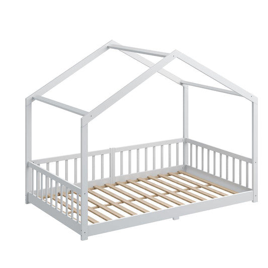 CADANI Malte Hausbett 120x200 cm Weiß, Montessori Bodenbett Rausfallschutz abnehmbar, Kinderbett Umbaubar inkl. Roll-Lattenrost, bis 200 kg belastbar