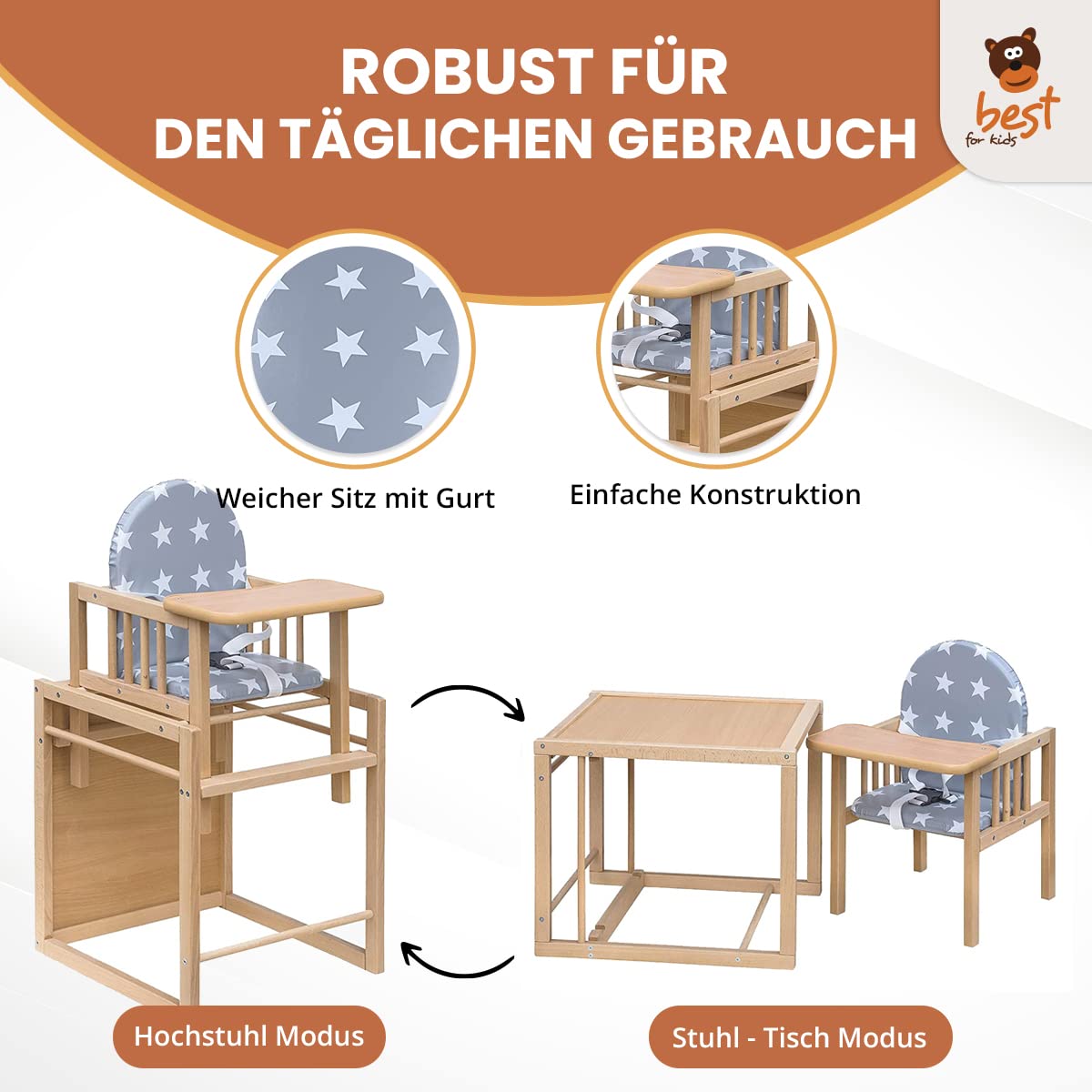 Best for Kids Kombihochstuhl Victoria BĂ€rchen | Leicht umbaubarer Kinderstuhl mit Tisch | Hochstuhl aus Holz mit BĂ€rchen Design | Ideal als Esstischstuhl | Portabel & schnell montierbar