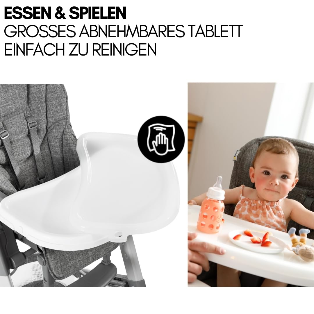 hauck Baby Hochstuhl Grow Up mit Liegefunktion ab Geburt - Babystuhl mit Tisch, Rollen, klappbar, mitwachsend und höhenverstellbar - Grau Melange