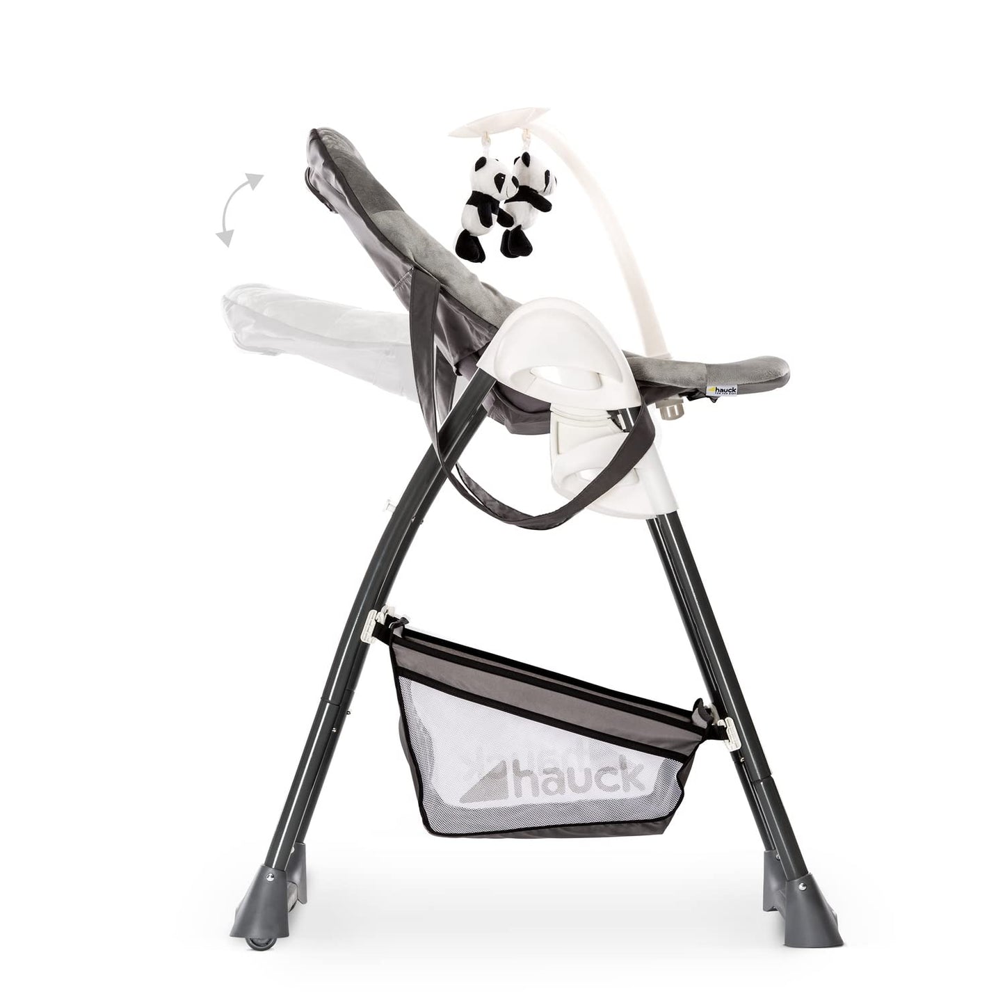 hauck Hochstuhl mit Babyliege Sit N Relax 2in1 ab Geburt bis 15 kg, Höhenverstellbarem Gestell mit Rollen, XL Korb, Essbrett, Klappbar, Verstellbar, Spielebogen (Wild Panda)