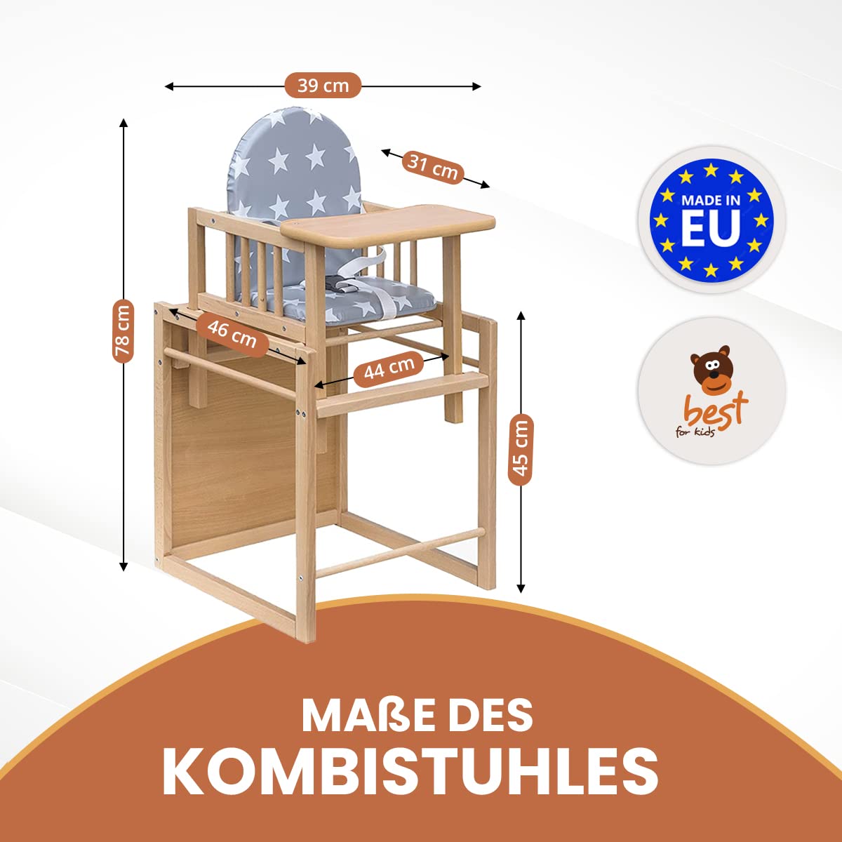 Best for Kids Kombihochstuhl Victoria BĂ€rchen | Leicht umbaubarer Kinderstuhl mit Tisch | Hochstuhl aus Holz mit BĂ€rchen Design | Ideal als Esstischstuhl | Portabel & schnell montierbar