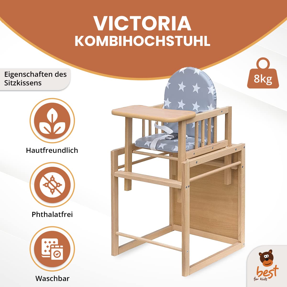 Best for Kids Kombihochstuhl Victoria BĂ€rchen | Leicht umbaubarer Kinderstuhl mit Tisch | Hochstuhl aus Holz mit BĂ€rchen Design | Ideal als Esstischstuhl | Portabel & schnell montierbar