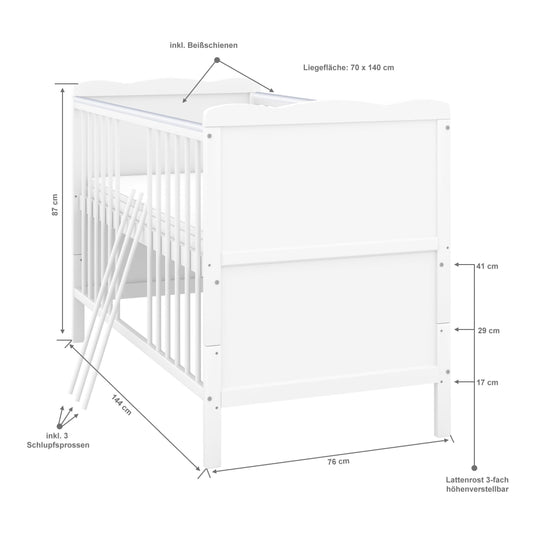 Baby Delux Babybett 70x140 cm weiß Kinderbett umbaubar zum Juniorbett mit Beißschienen Jack Kiefer Massivholz