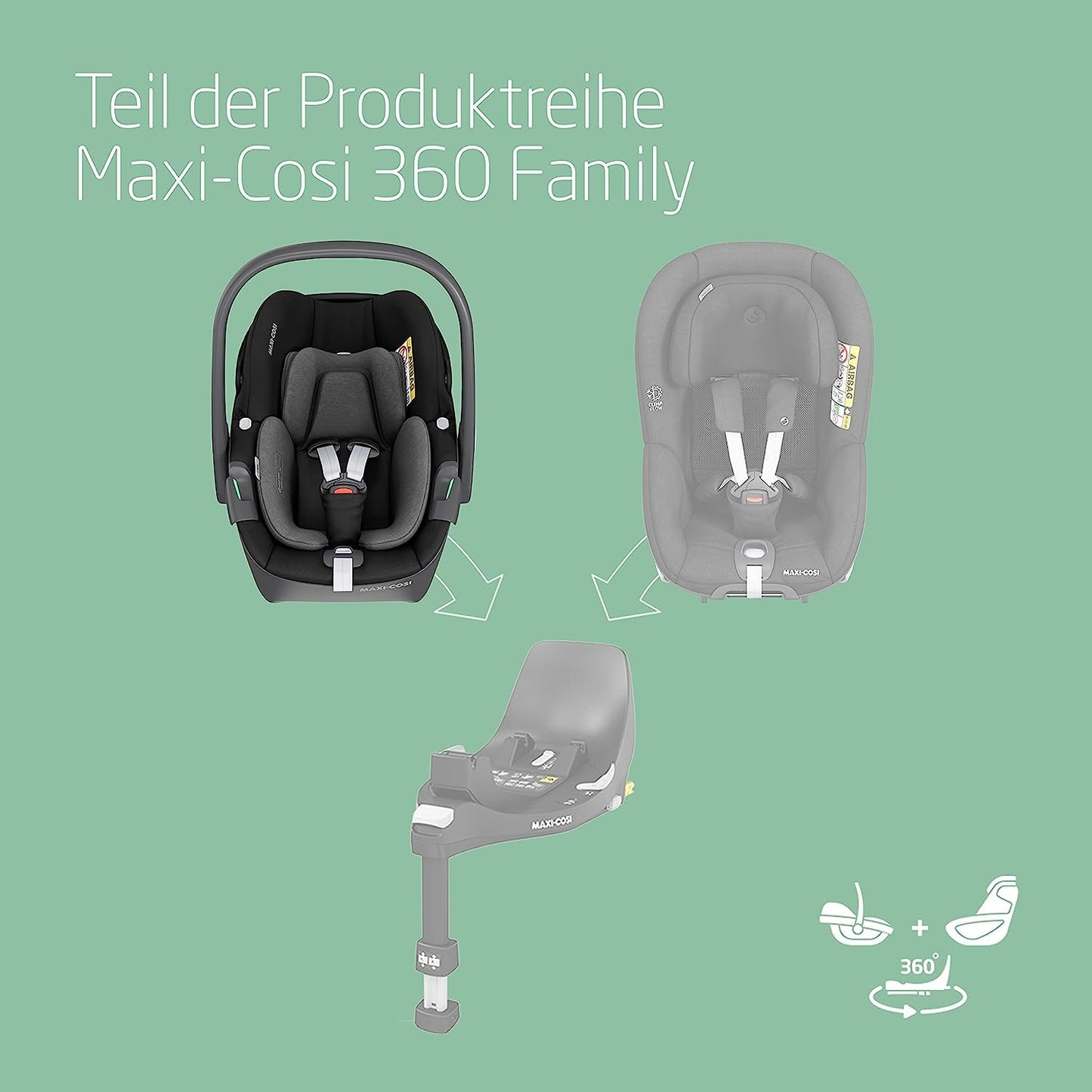 Maxi-Cosi Pebble 360 i-Size Babyschale Drehbar, Neugeborenen Autositz 360 Grad, 0–15 Monate (40–83 cm), Drehung mit einer, ClimaFlow, Easy-In-Gurt, G-CELL Seitenaufprallschutz, Essential Black