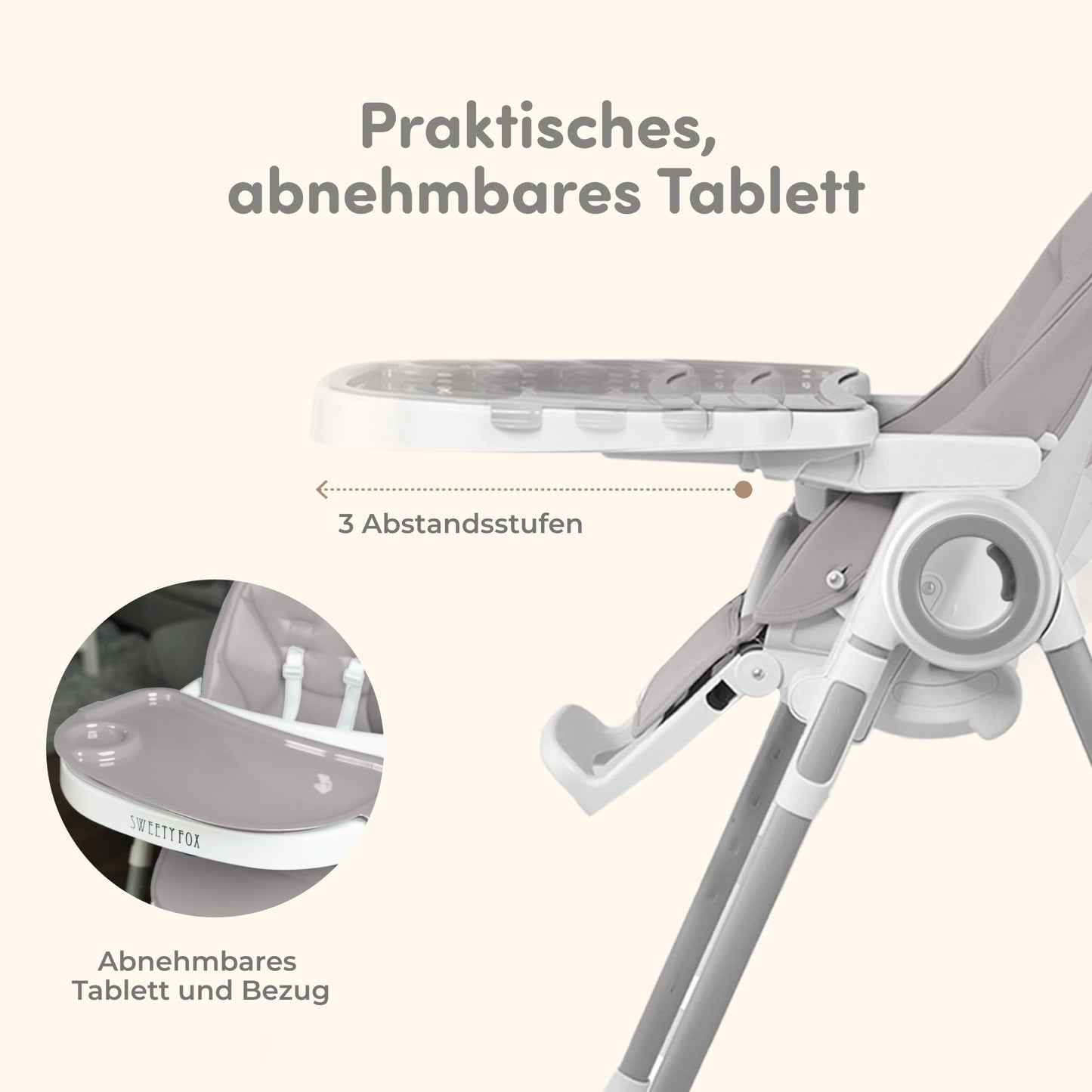 Sweety Fox Hochstuhl Baby mit Liegefunktion - Verstehllbar und Klappbar, Kinderstuhl mit Sicherheitsgurt - Mitwachsender Kinderhochstuhl 6 Monaten bis 3 Jahren, max. 15 kg - Grau