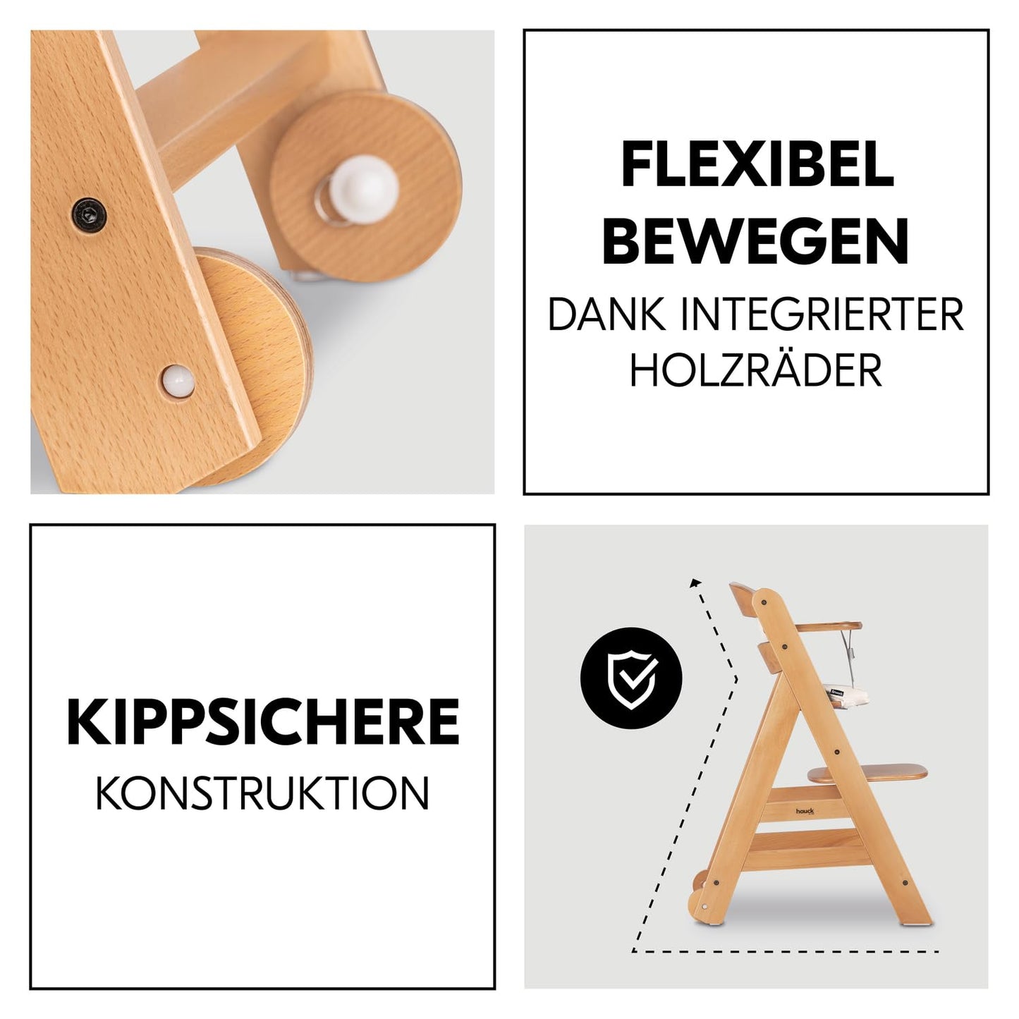 hauck Beta+, Natural - Mitwachsendes Kinderhochstuhl Set ab 6 Monaten bis 90 kg mit Rädern, Sitzkissen, Großes Essbrett, Kleiner Schutzbügel, 5 Punkt Gurt Sicherheitsgurt & Schrittgurt