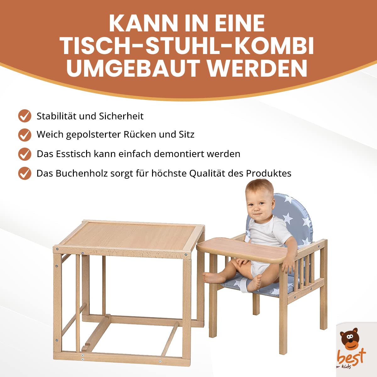 Best for Kids Kombihochstuhl Victoria BĂ€rchen | Leicht umbaubarer Kinderstuhl mit Tisch | Hochstuhl aus Holz mit BĂ€rchen Design | Ideal als Esstischstuhl | Portabel & schnell montierbar