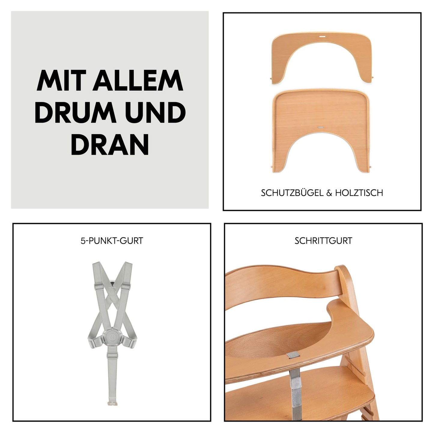 hauck Beta+, Natural - Mitwachsendes Kinderhochstuhl Set ab 6 Monaten bis 90 kg mit Rädern, Sitzkissen, Großes Essbrett, Kleiner Schutzbügel, 5 Punkt Gurt Sicherheitsgurt & Schrittgurt