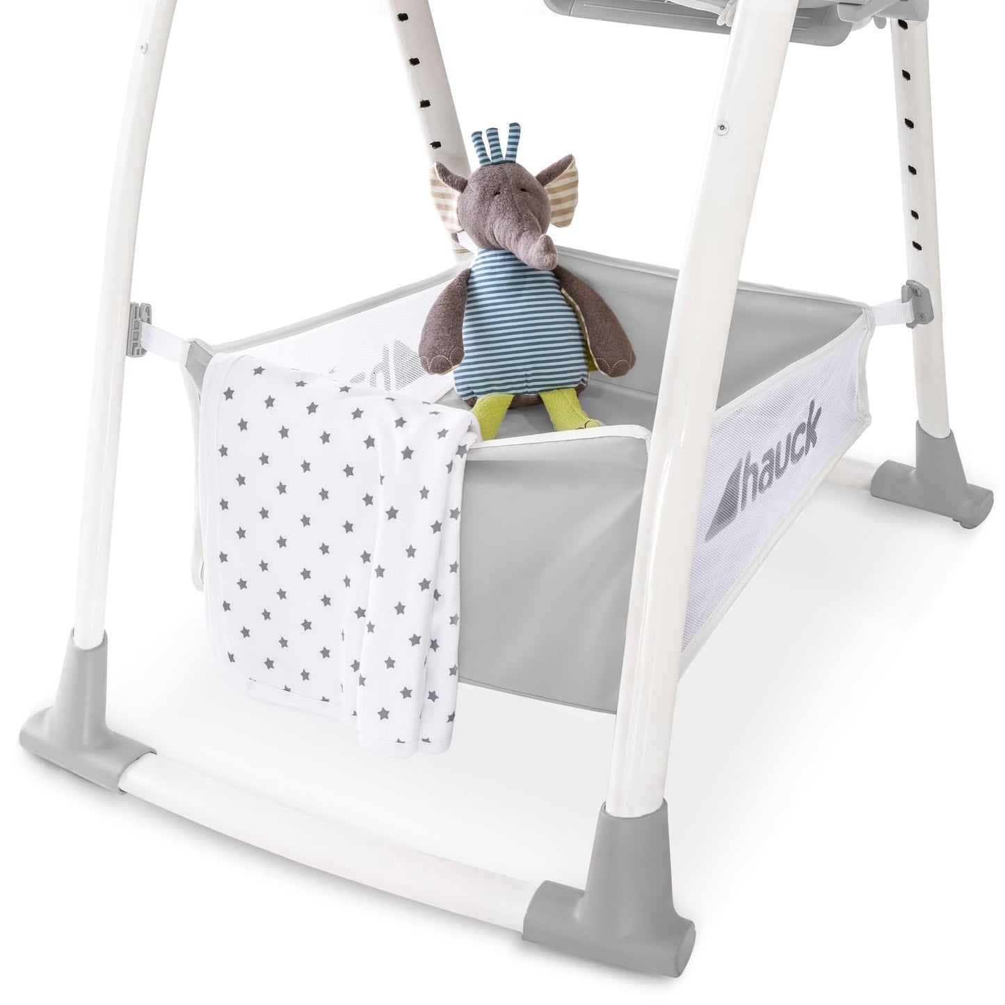 hauck Hochstuhl mit Babywippe Sit N Relax 3in1 ab Geburt bis 15 kg mit Wippgestell, Höhenverstellbares Gestell mit Rollen, Klappbar, Verstellbar, XL Korb, Wippe mit Spielebogen (Stretch Grey)