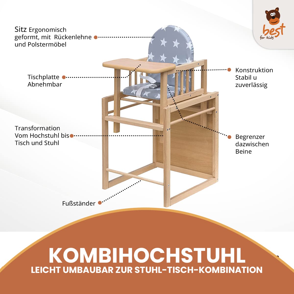 Best for Kids Kombihochstuhl Victoria BĂ€rchen | Leicht umbaubarer Kinderstuhl mit Tisch | Hochstuhl aus Holz mit BĂ€rchen Design | Ideal als Esstischstuhl | Portabel & schnell montierbar