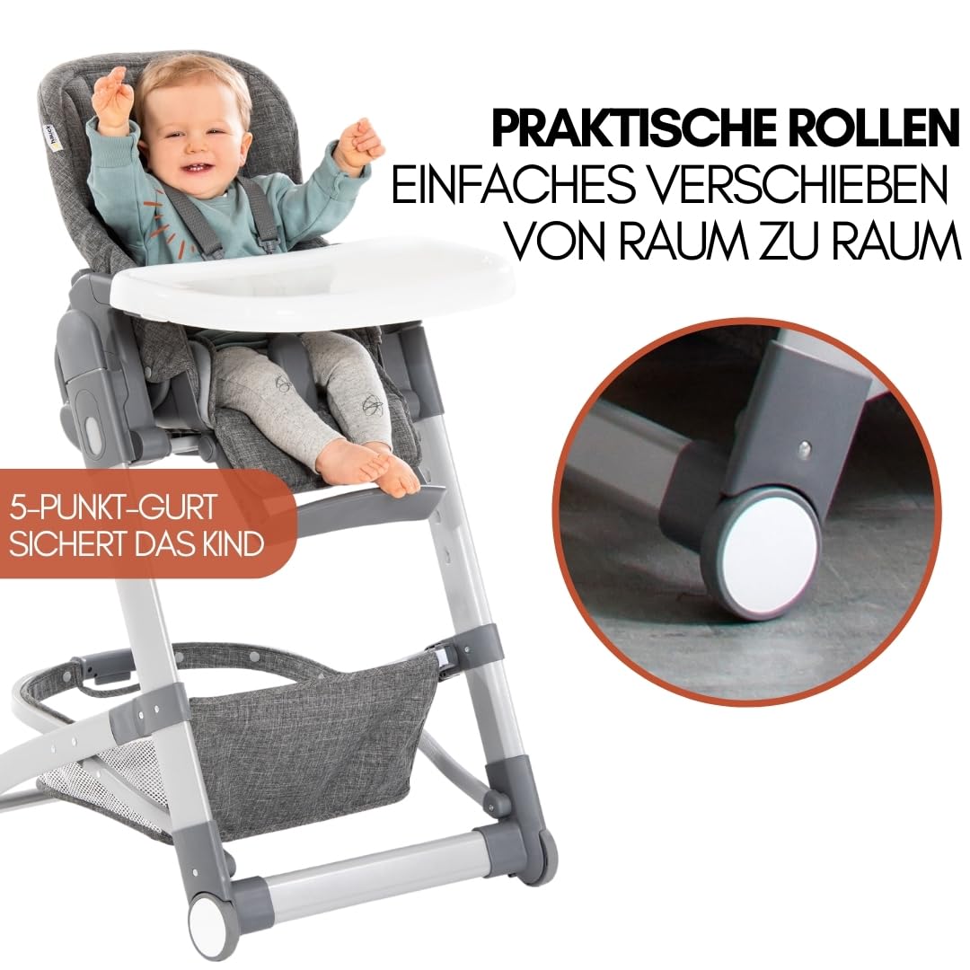 hauck Baby Hochstuhl Grow Up mit Liegefunktion ab Geburt - Babystuhl mit Tisch, Rollen, klappbar, mitwachsend und höhenverstellbar - Grau Melange