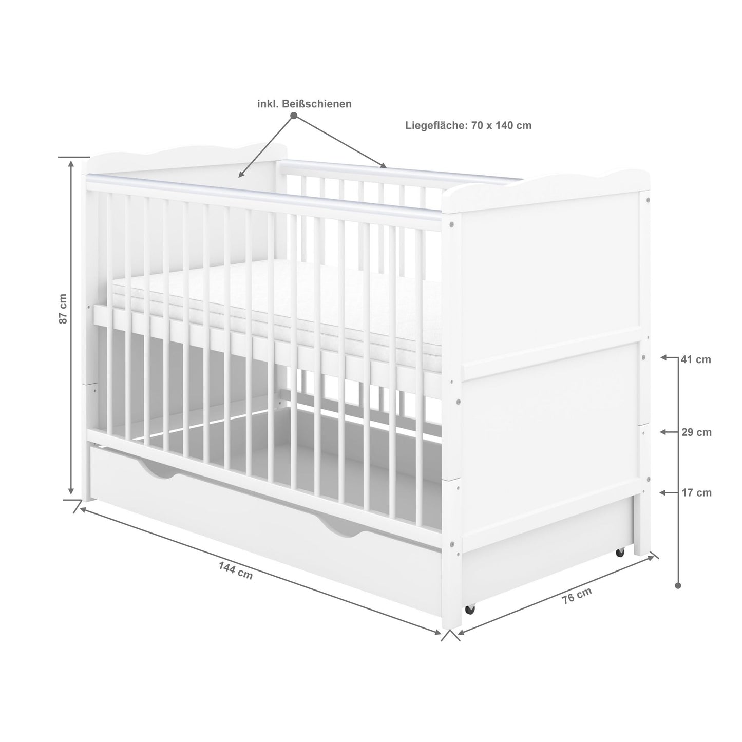 Baby Delux Babybett Kinderbett Juniorbett Jack 70x140 Weiß umbaubar mit Schublade Matratze und Beißschienen