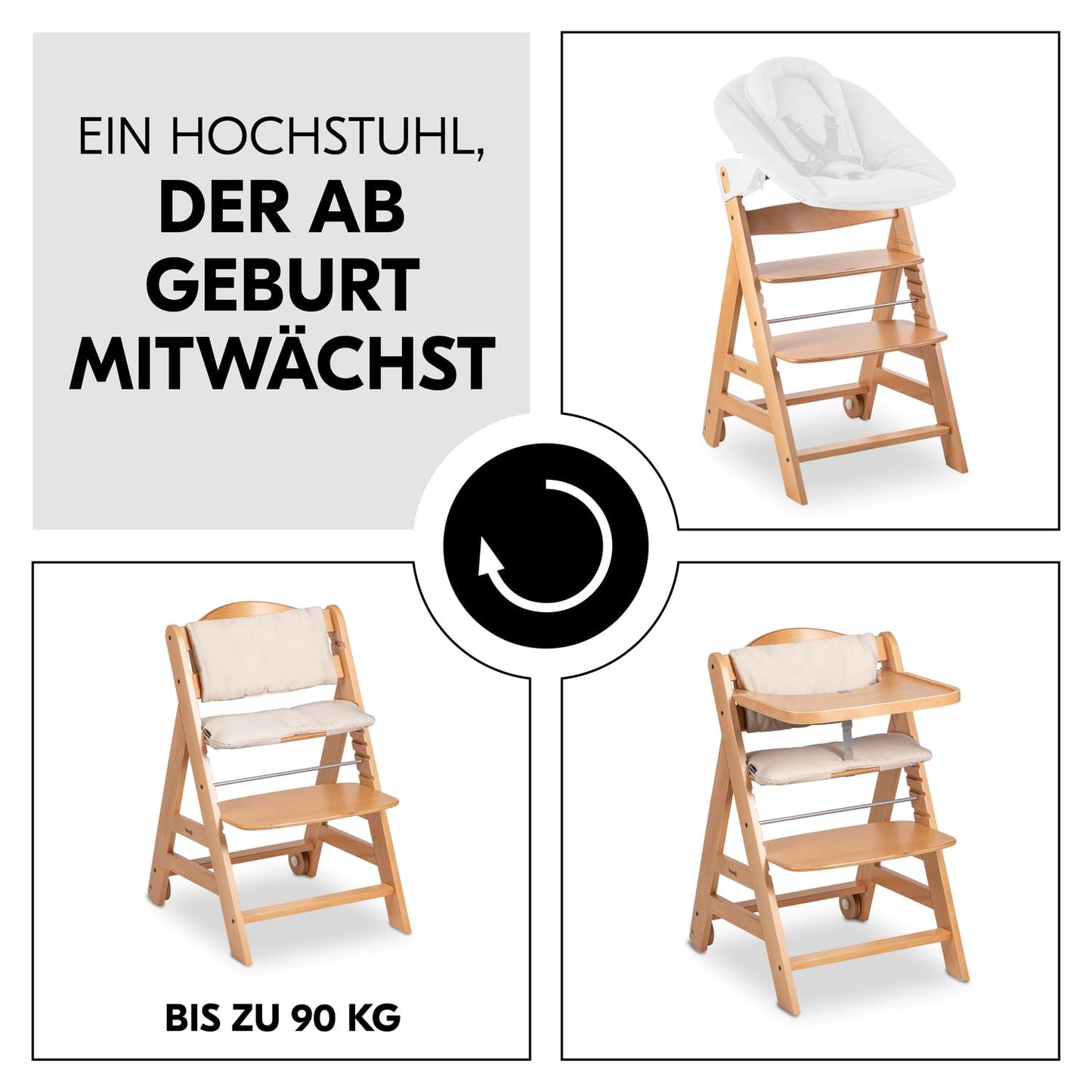 hauck Beta+, Natural - Mitwachsendes Kinderhochstuhl Set ab 6 Monaten bis 90 kg mit Rädern, Sitzkissen, Großes Essbrett, Kleiner Schutzbügel, 5 Punkt Gurt Sicherheitsgurt & Schrittgurt