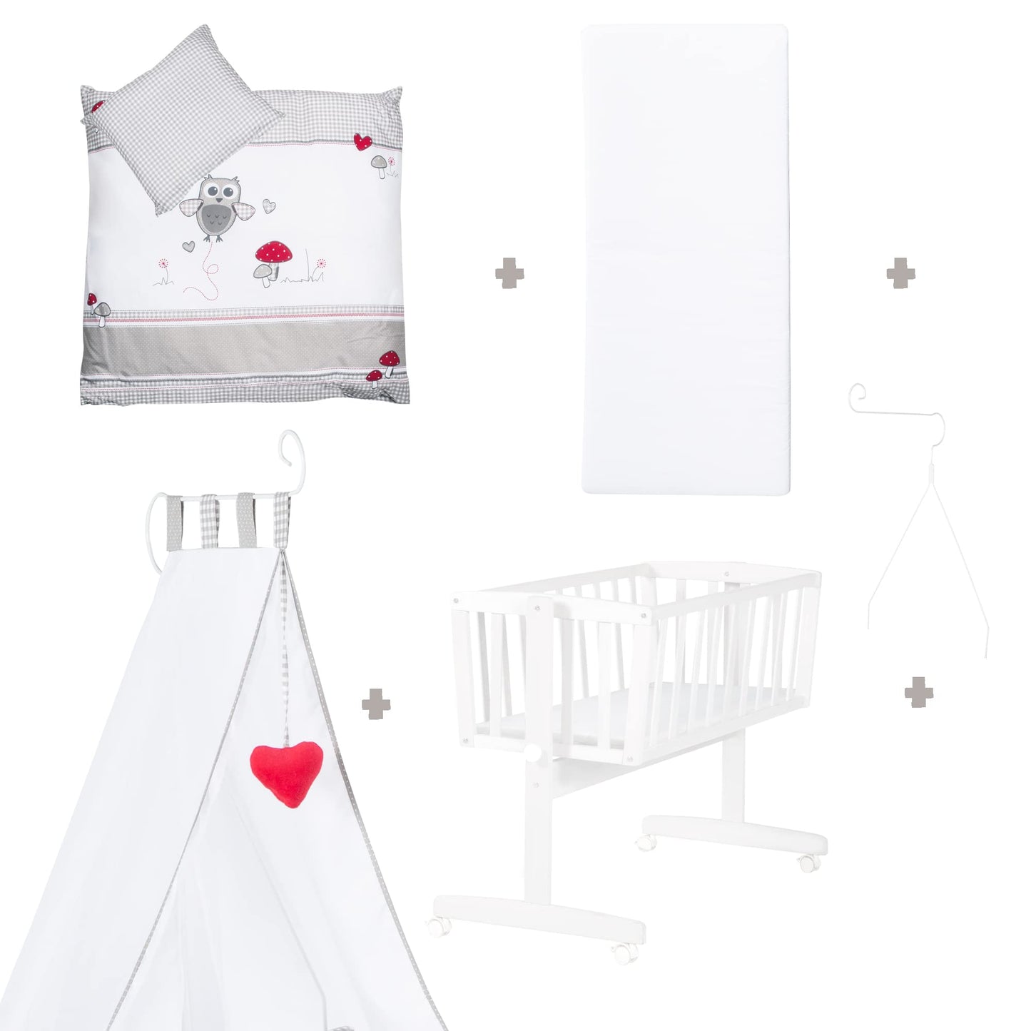 roba Babywiege 40 x 90 cm Adam & Eule - Stubenwagen & Wiege mit Rollen - Bett Set komplett mit Feststellfunktion - Inkl. textiler Ausstattung - Holz weiß