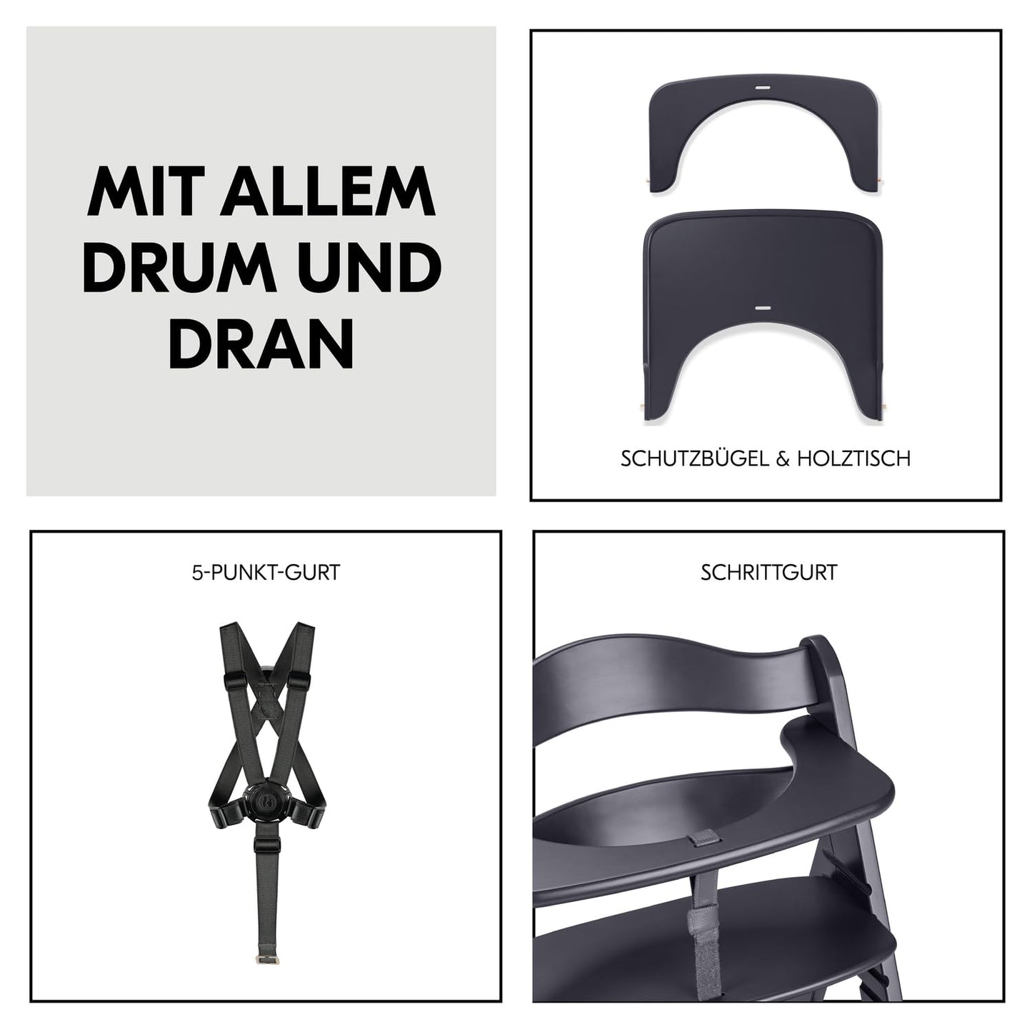 hauck Beta+, Dark Grey - Mitwachsendes Kinderhochstuhl Set ab 6 Monaten bis 90 kg mit Rädern, Sitzkissen, Großes Essbrett, Kleiner Schutzbügel, 5 Punkt Gurt Sicherheitsgurt & Schrittgurt