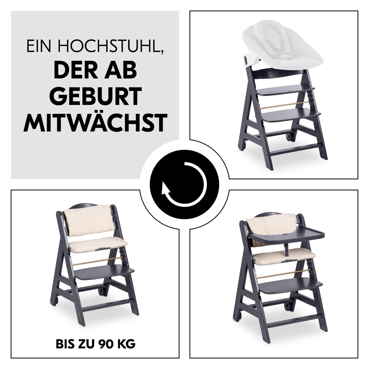 hauck Beta+, Dark Grey - Mitwachsendes Kinderhochstuhl Set ab 6 Monaten bis 90 kg mit Rädern, Sitzkissen, Großes Essbrett, Kleiner Schutzbügel, 5 Punkt Gurt Sicherheitsgurt & Schrittgurt