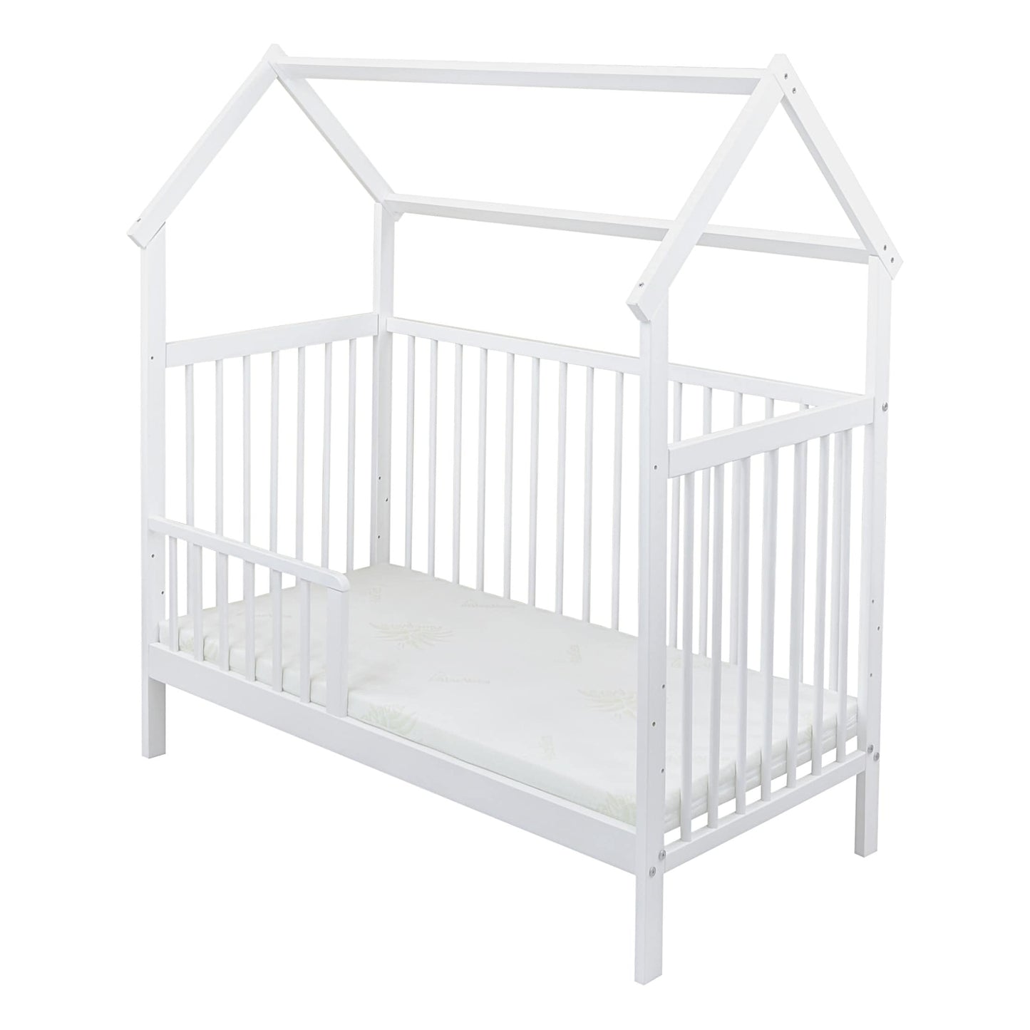 Baby Delux Babybett Komplett Set Hausbett 60x120 cm weiß Rausfallschutz Kinderbett Matratze Bettwäsche Deko Set (Musselin Himmel, Rosa Musselin Waffelpique)