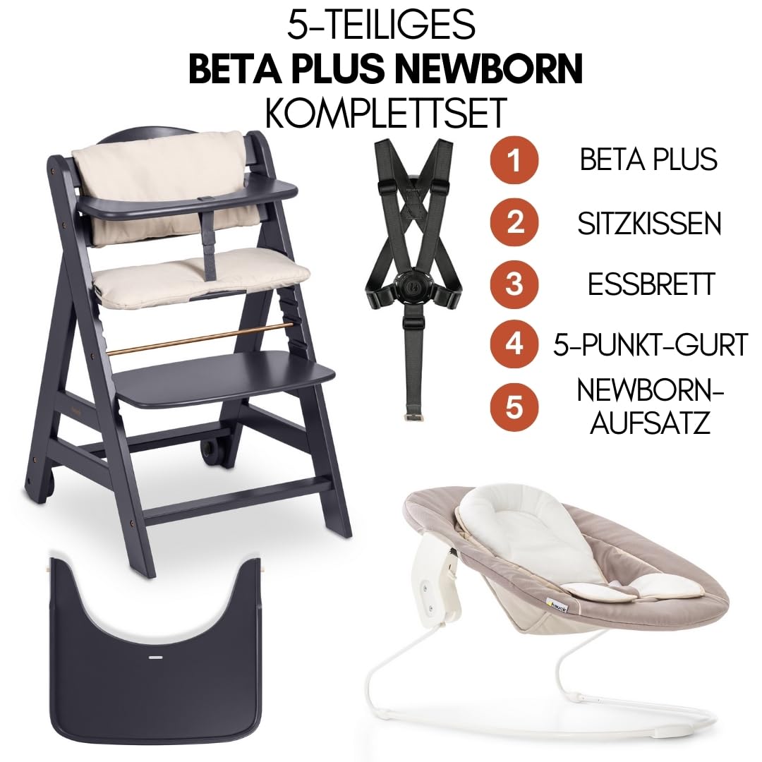 hauck Hochstuhl Beta+ Newborn Set - Babyhochstuhl Set ab Geburt mit 2in1 Neugeborenen Aufsatz Bouncer, Sitzpolster und Essbrett - Dark Grey