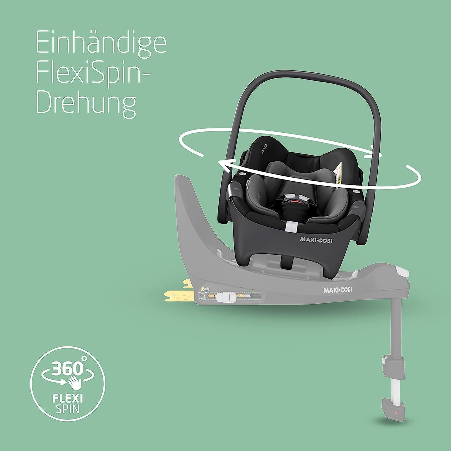Maxi-Cosi Pebble 360 i-Size Babyschale Drehbar, Neugeborenen Autositz 360 Grad, 0–15 Monate (40–83 cm), Drehung mit einer, ClimaFlow, Easy-In-Gurt, G-CELL Seitenaufprallschutz, Essential Black