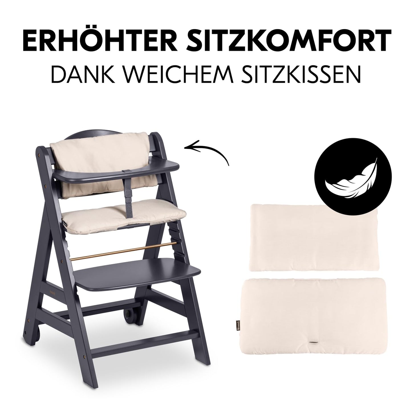 hauck Beta+, Dark Grey - Mitwachsendes Kinderhochstuhl Set ab 6 Monaten bis 90 kg mit Rädern, Sitzkissen, Großes Essbrett, Kleiner Schutzbügel, 5 Punkt Gurt Sicherheitsgurt & Schrittgurt