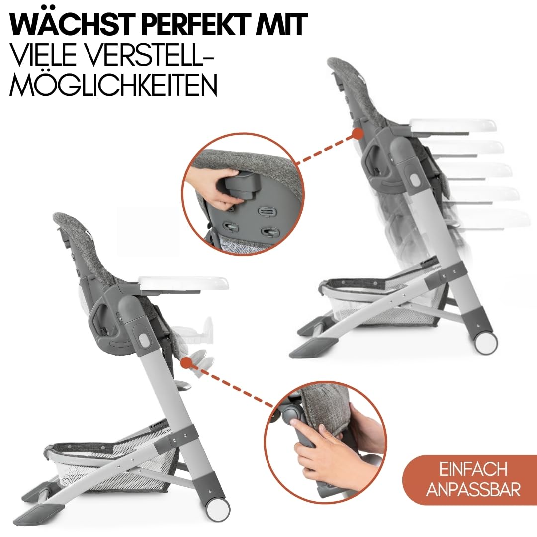 hauck Baby Hochstuhl Grow Up mit Liegefunktion ab Geburt - Babystuhl mit Tisch, Rollen, klappbar, mitwachsend und höhenverstellbar - Grau Melange