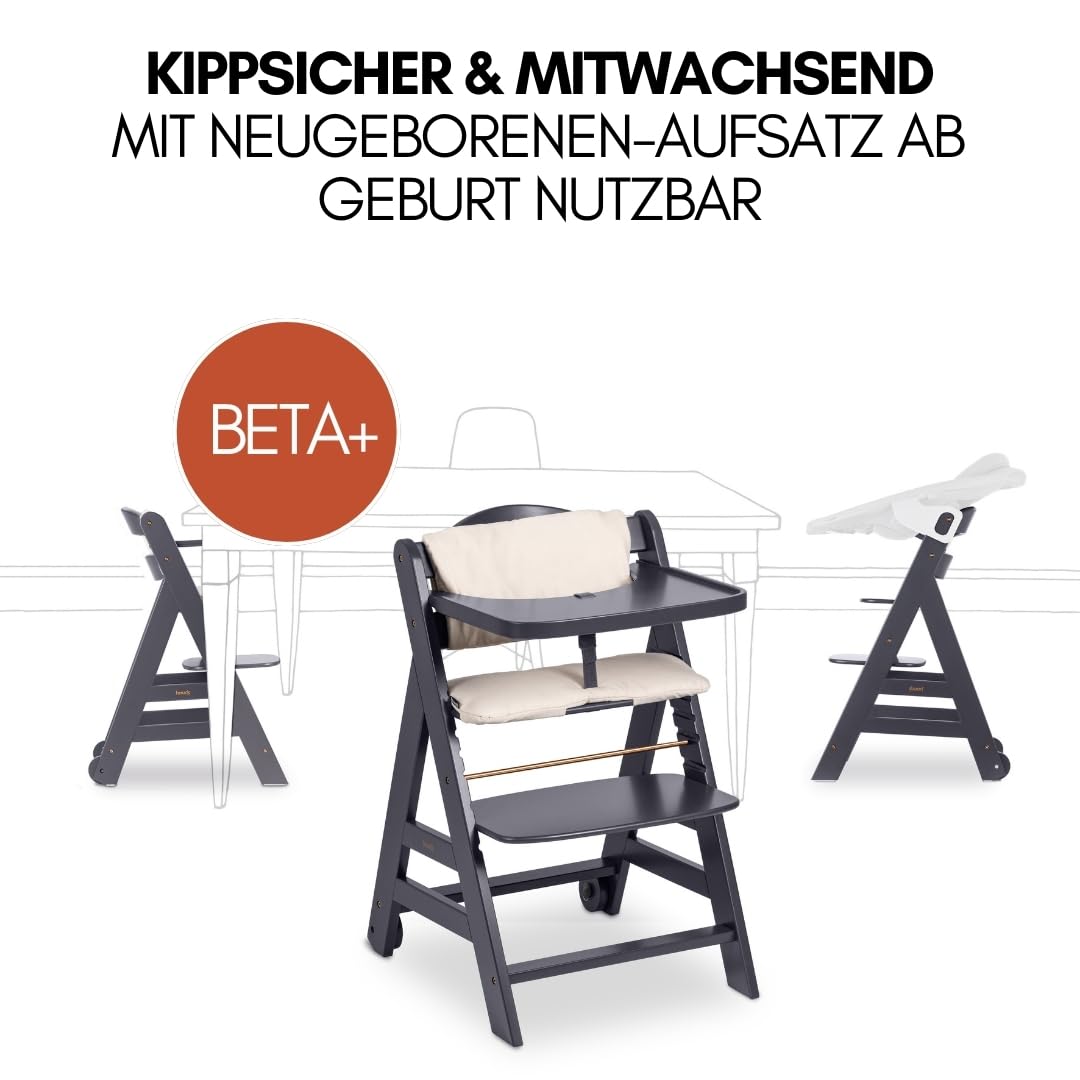 hauck Hochstuhl Beta+ Newborn Set - Babyhochstuhl Set ab Geburt mit 2in1 Neugeborenen Aufsatz Bouncer, Sitzpolster und Essbrett - Dark Grey