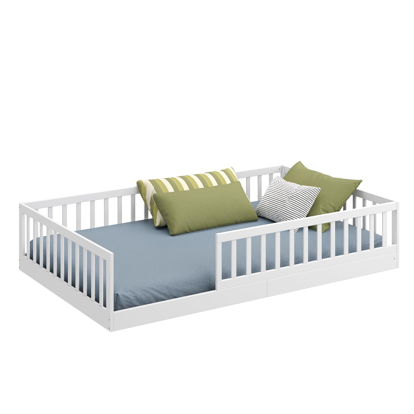 CADANI Timi 2in1 Bodenbett 120x200 cm Montessori Kinderbett mit abnehmbaren Rausfallschutz inkl. Lattenrost, Kiefer Massivholz, weiß - 3 Aufbauvarianten, bis 200 kg belastbar, umbaubar