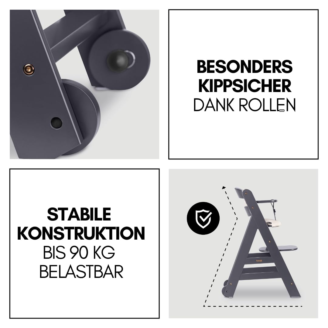 hauck Hochstuhl Beta+ Newborn Set - Babyhochstuhl Set ab Geburt mit 2in1 Neugeborenen Aufsatz Bouncer, Sitzpolster und Essbrett - Dark Grey