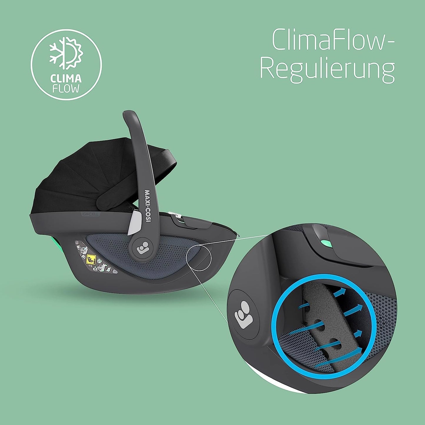 Maxi-Cosi Pebble 360 i-Size Babyschale Drehbar, Neugeborenen Autositz 360 Grad, 0–15 Monate (40–83 cm), Drehung mit einer, ClimaFlow, Easy-In-Gurt, G-CELL Seitenaufprallschutz, Essential Black