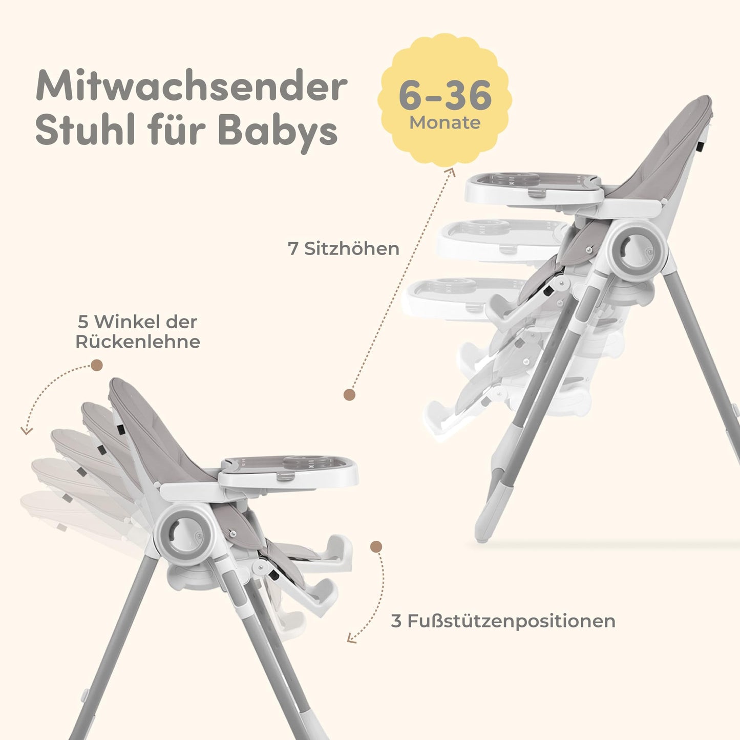 Sweety Fox Hochstuhl Baby mit Liegefunktion - Verstehllbar und Klappbar, Kinderstuhl mit Sicherheitsgurt - Mitwachsender Kinderhochstuhl 6 Monaten bis 3 Jahren, max. 15 kg - Grau
