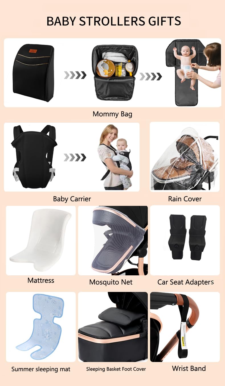 NADDLILY PU-Leder Kinderwagen 3 in 1, Buggy mit Umkehrbarem Zwei-Wege-Schub, Kinderwagen Faltbarem Tragbarem One-Click-Design, Kinderwagen 3 in 1 Komplettset mit Zubehör Hohe Landschaft (L518 Khaki)