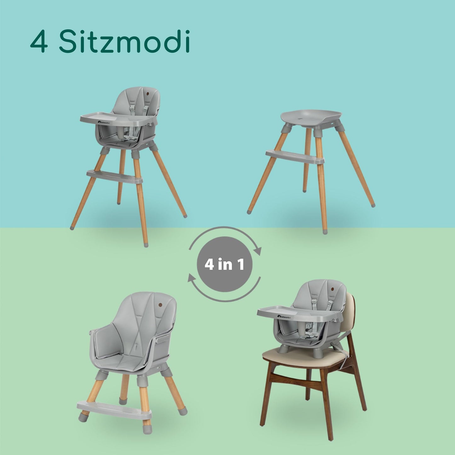 Bebeconfort Avista 2, 4-in-1 Hochstuhl mitwachsend, Hochstuhl Baby, Sitzerhöhung Essstuhl, Kinderhochstuhl, 6 Monate bis 14 Jahre (9–60 kg), gepolsterte Kissen, Verstellbares Tablett, Tinted Grey