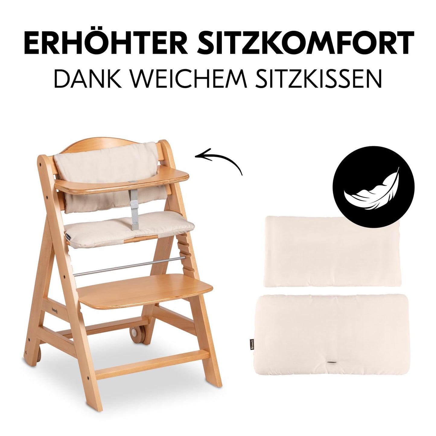 hauck Beta+, Natural - Mitwachsendes Kinderhochstuhl Set ab 6 Monaten bis 90 kg mit Rädern, Sitzkissen, Großes Essbrett, Kleiner Schutzbügel, 5 Punkt Gurt Sicherheitsgurt & Schrittgurt