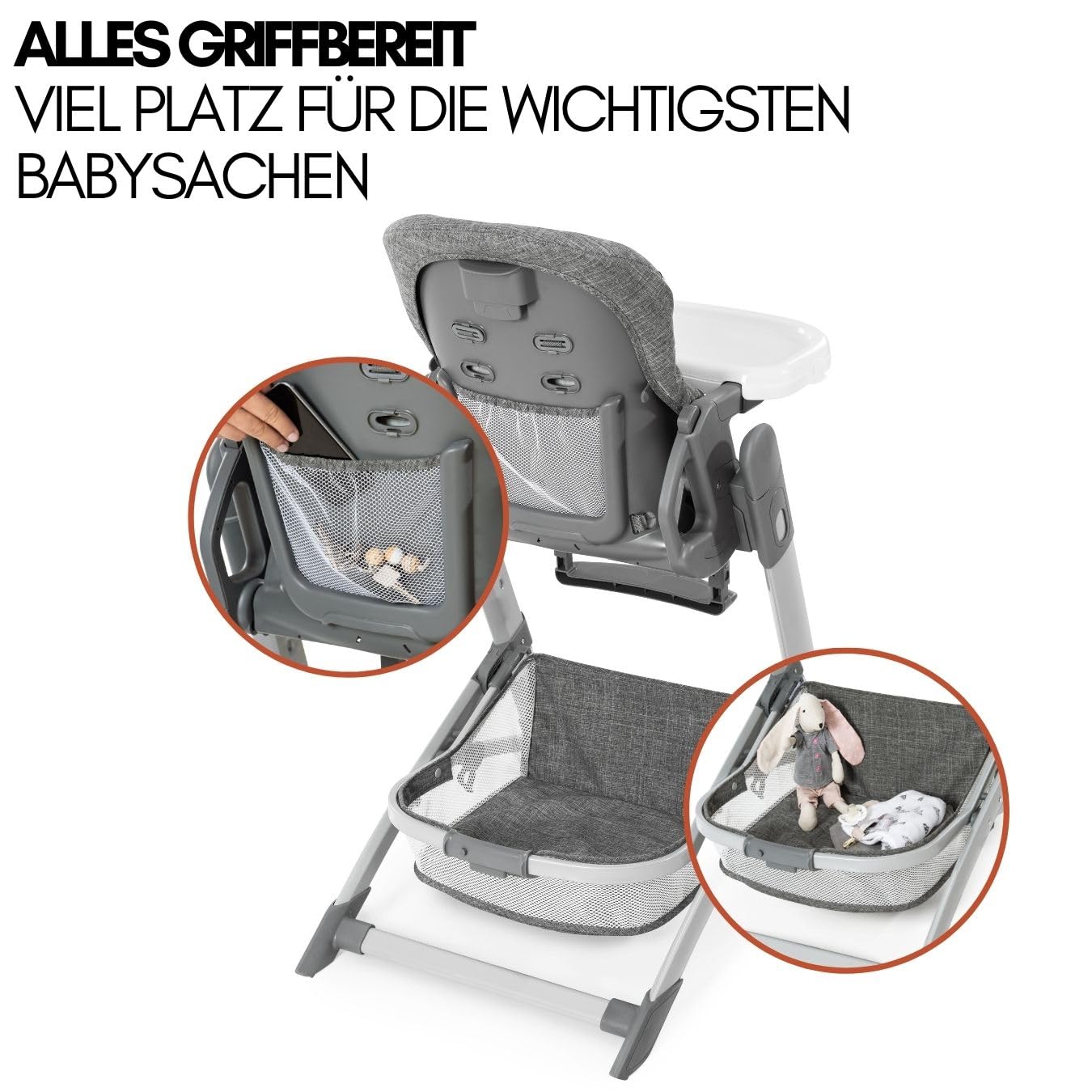 hauck Baby Hochstuhl Grow Up mit Liegefunktion ab Geburt - Babystuhl mit Tisch, Rollen, klappbar, mitwachsend und höhenverstellbar - Grau Melange
