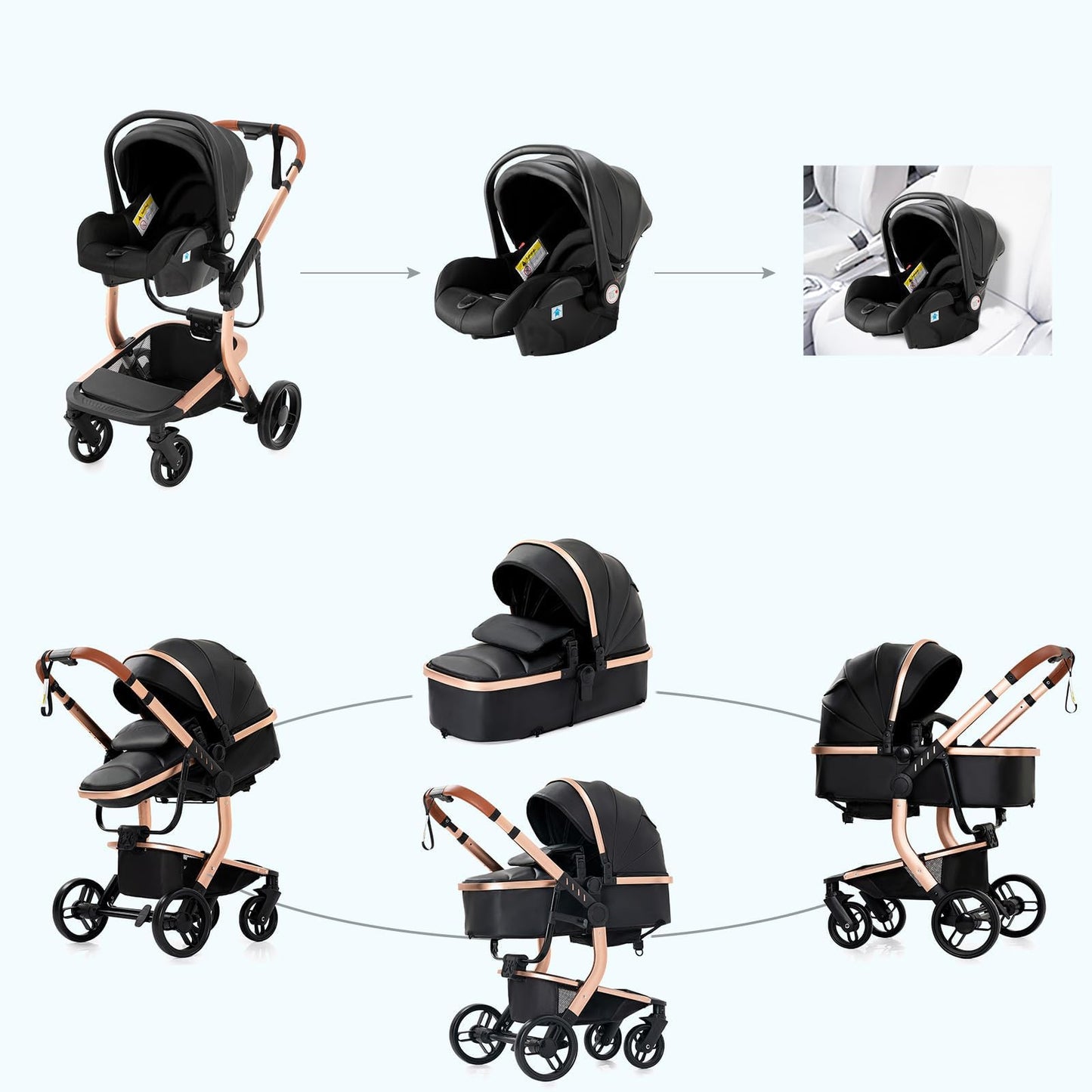 NADDLILY PU-Leder Kinderwagen 3 in 1, Buggy mit Umkehrbarem Zwei-Wege-Schub, Kinderwagen Faltbarem Tragbarem One-Click-Design, Kinderwagen 3 in 1 Komplettset mit Zubehör Hohe Landschaft (L518 Khaki)