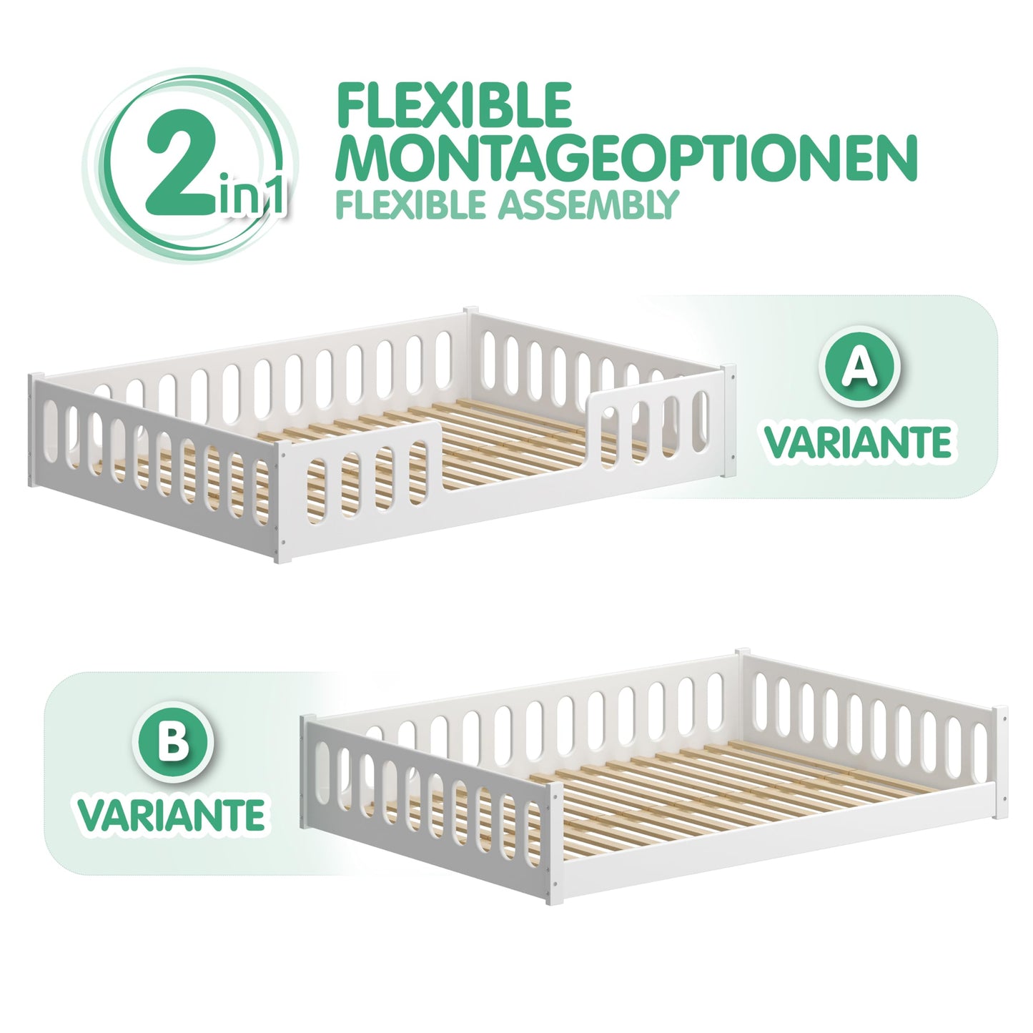 CADANI Monte 2in1 Bodenbett 140x200 cm Montessori Kinderbett Rausfallschutz abnehmbar - weiß, 46 kg schwer, bis 200 kg belastbar, extra starker Roll-Lattenrost, umbaubar