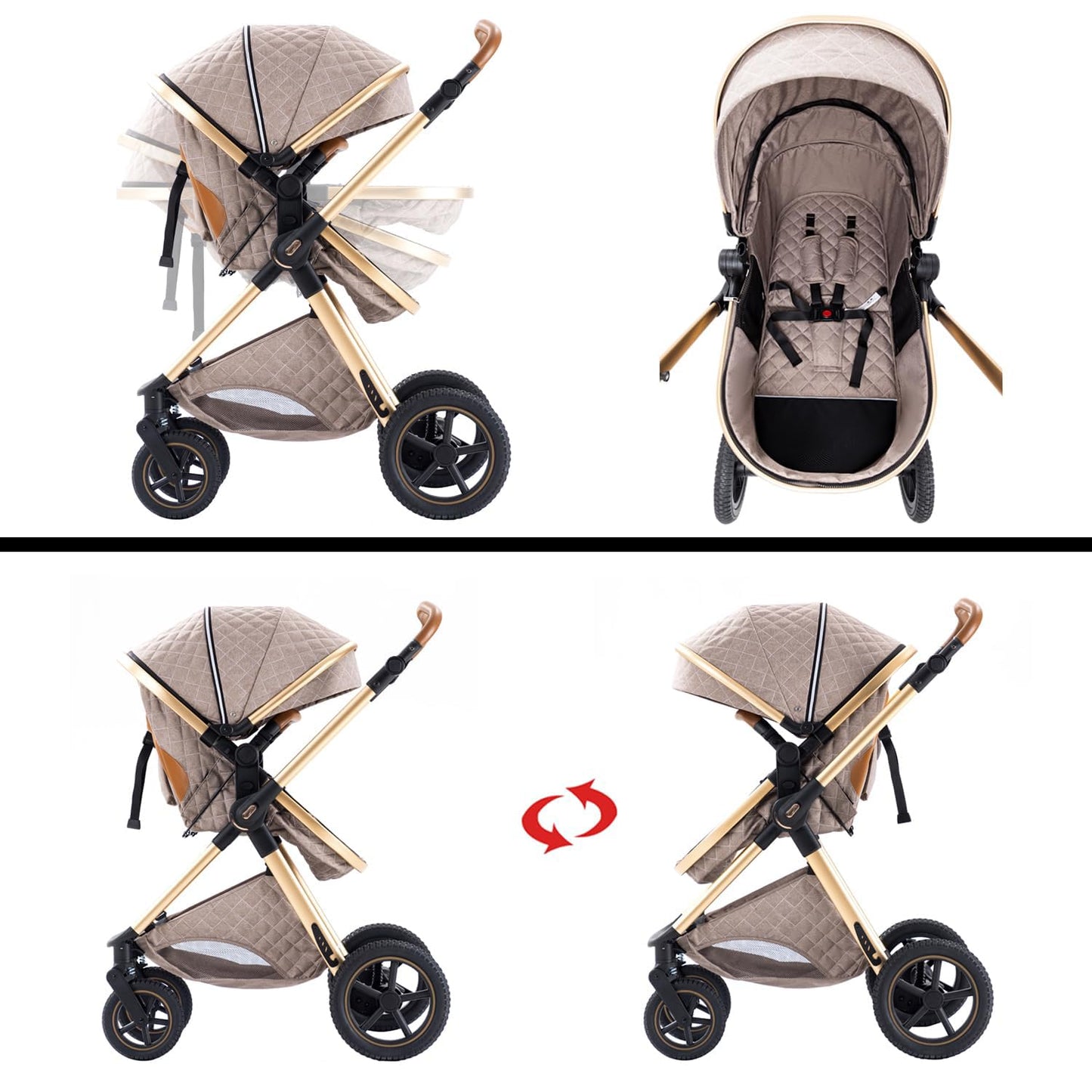BEBBY 3-in-1 Kinderwagen KombiKinderwagen-Set 2-in-1 Buggy faltbar Luxus Hochlandschaft Neugeborenes Tragbarer Zusammenklappbarer Kinderwagen Travel System (Blackgold, H2)