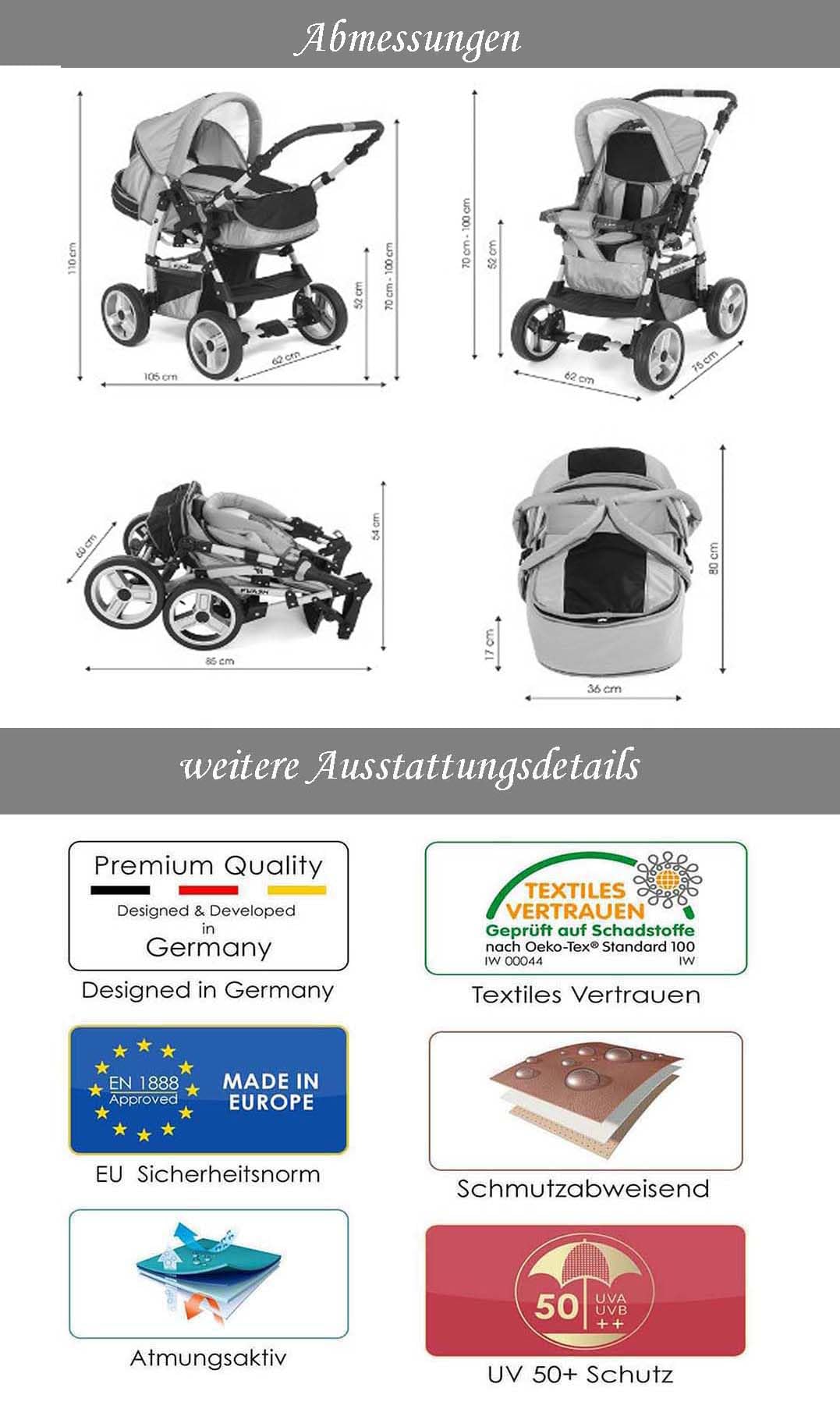 Kombi-Kinderwagen Flash 2 in 1 inkl. Sportsitz und umfangreichem Zubehör in 38 Farben