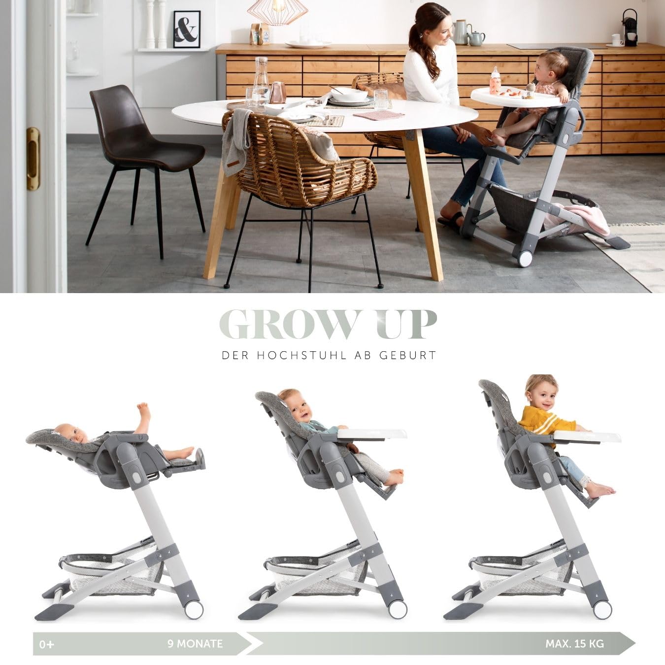 hauck Baby Hochstuhl Grow Up mit Liegefunktion ab Geburt - Babystuhl mit Tisch, Rollen, klappbar, mitwachsend und höhenverstellbar - Grau Melange